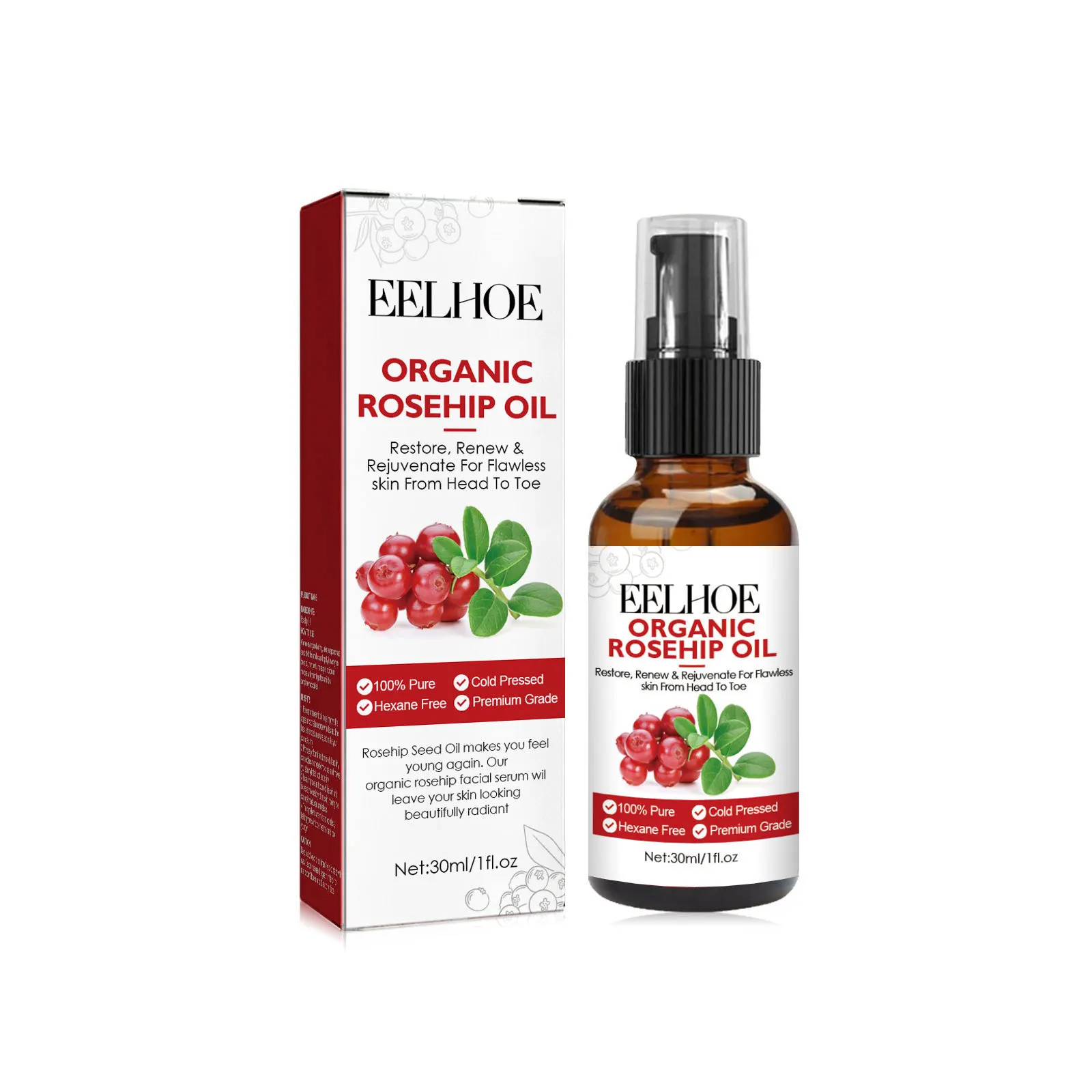 Face Oil Rosehip - 30 ml Hagebuttenöl-Gesichtsserum, feuchtigkeitsspendend und verblassende